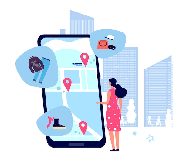 Shopping guide app. Woman looking for shops on the map. Illustration mobile app location gps online for shopping
