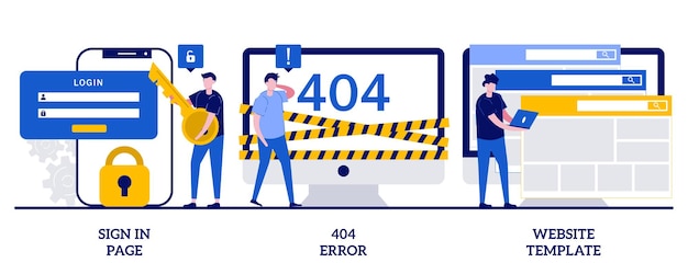 sign in page, 404 error, website template concept with tiny people. website page interface set. user login form, ui, new account registration, landing page, web design metaphor.