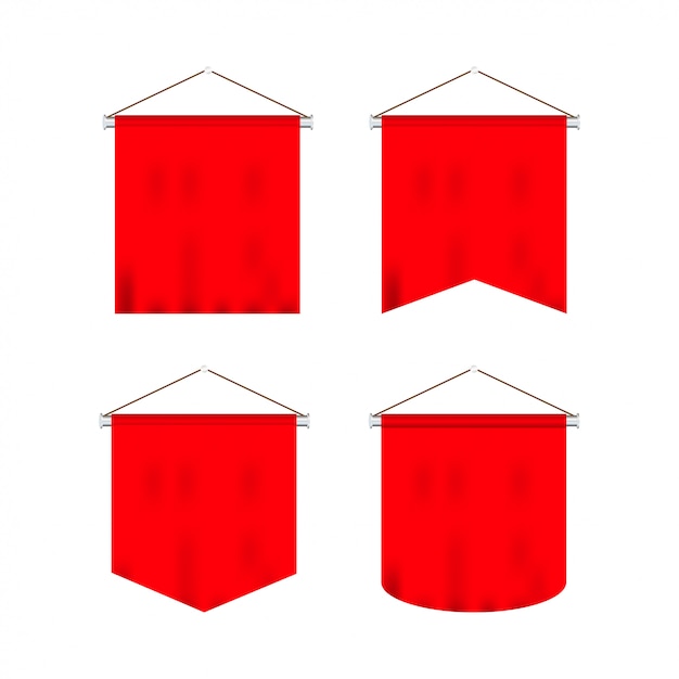 Signal red long sport advertising pennants banners samples on pole stand support pedestal realistic set.