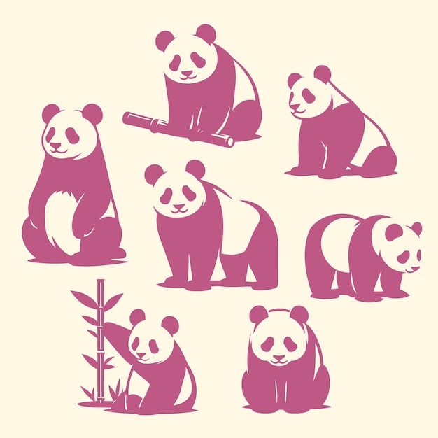 silhouette collection of pandas in various poses and natural activities for wildlife