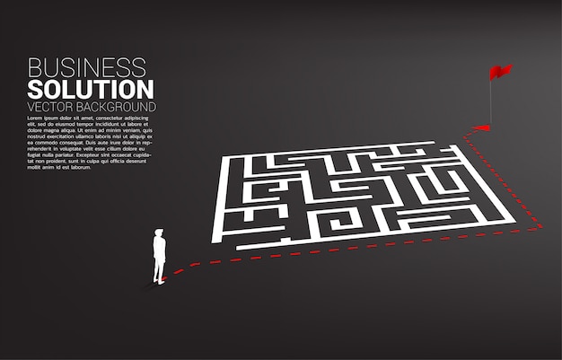 silhouette of businessman with route path go around the maze to goal. 