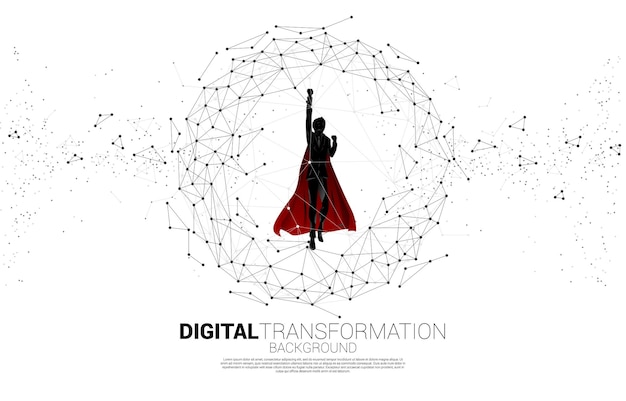 Silhouette of man in superhero suit flying with Polygon dot connect line shaped sphere . Concept for business digital transformation
