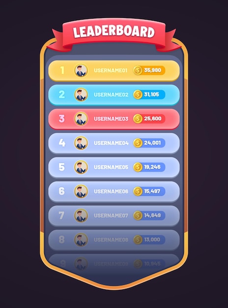 Silver Game leaderboard with different ranks Leaderboard for Game User Interface UI element