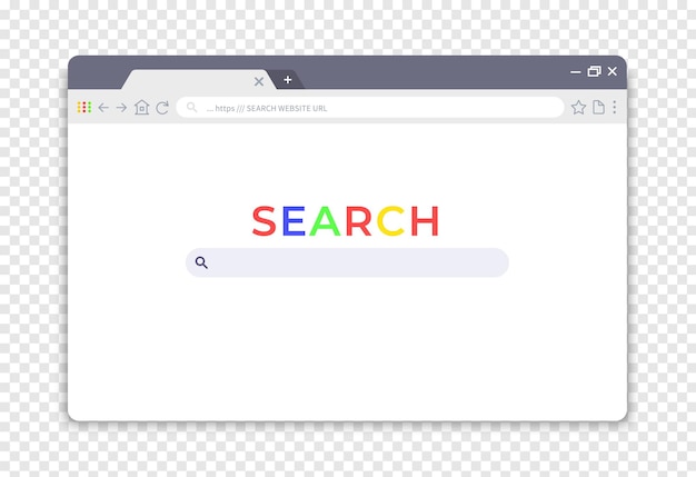 Simple browser interface Website window search Web page UI with buttons and elements for online finding information by keywords Vector internet screen frame on transparent background