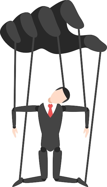 simple cartoon character business man controlled like a puppet pose pretending to be weak