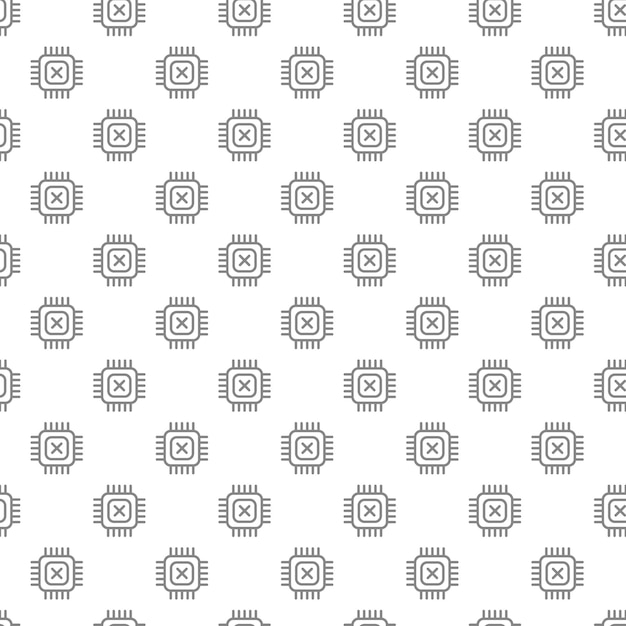 Simple computer micro chip and processor seamless pattern with various icons and symbols on white background flat vector illustration