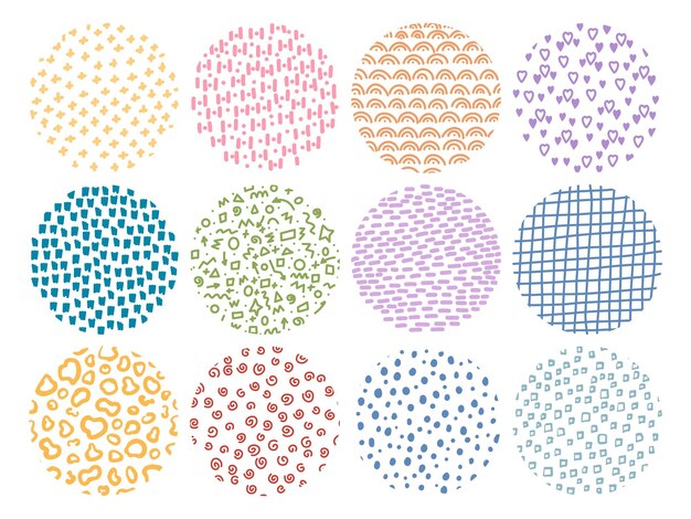 Simple doodle textures Round hand drawn pattern Abstract random shapes Polka dots and checkered print Minimal strokes Crosses and stripes Circle geometric elements Recent vector set