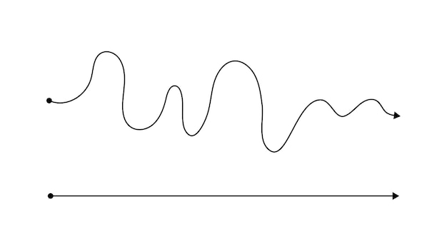 simple right and complex wrong way with messy line. black lines with a starting point and an arrow at the end isolated on white background. vector illustration