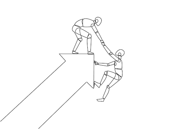 Single continuous line drawing a robot pulled arm of another robot that almost fell from a big arrow