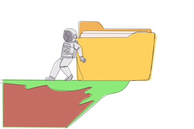 Single continuous line drawing astronaut pushes giant folder icon down with back from edge of cliff