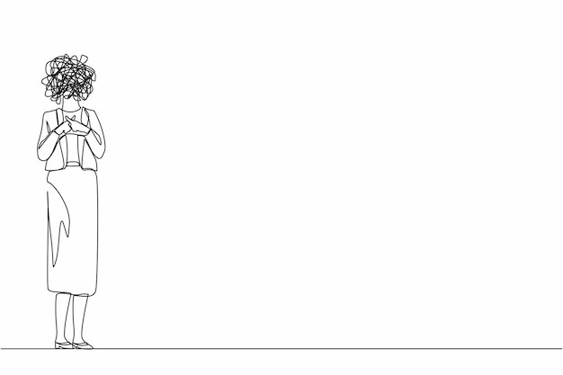 Single continuous line drawing businesswoman with round scribbles instead of head Hand making sign