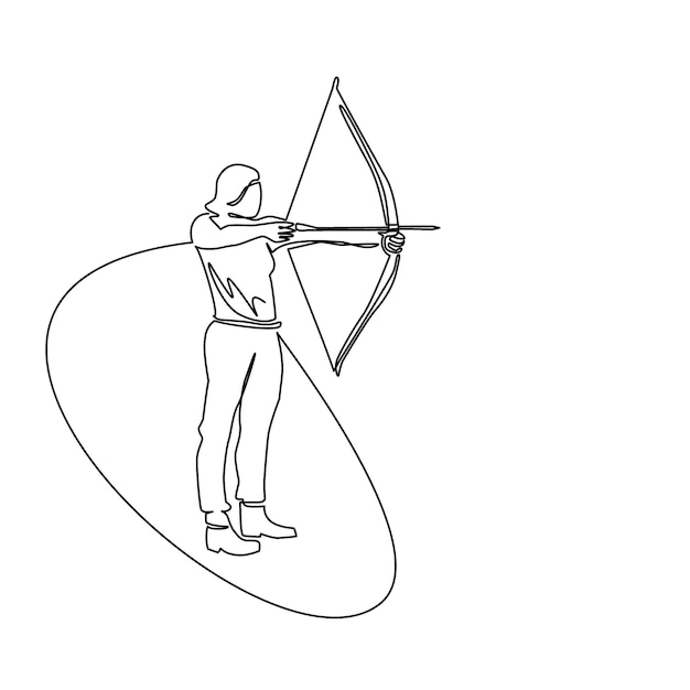 Single continuous line drawing girl with bow and arrow Female holding bow and arrow aiming to shoot