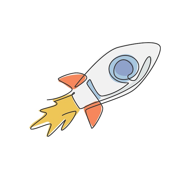 Single continuous line drawing of rocket launch flying in outer space label Future transportation