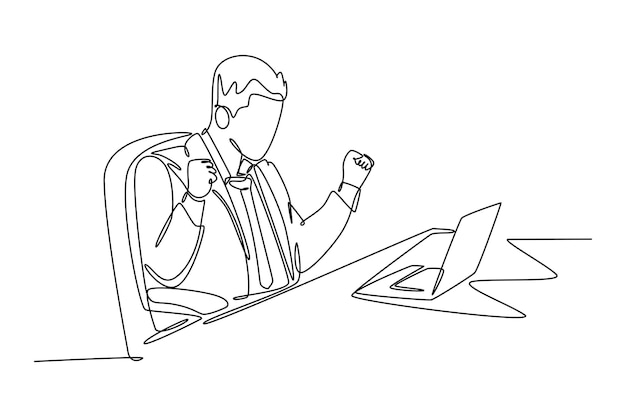 Single continuous line drawing of young happy business man sitting in front of laptop and celebrate his business deal Business agreement celebration One line draw graphic design vector illustration