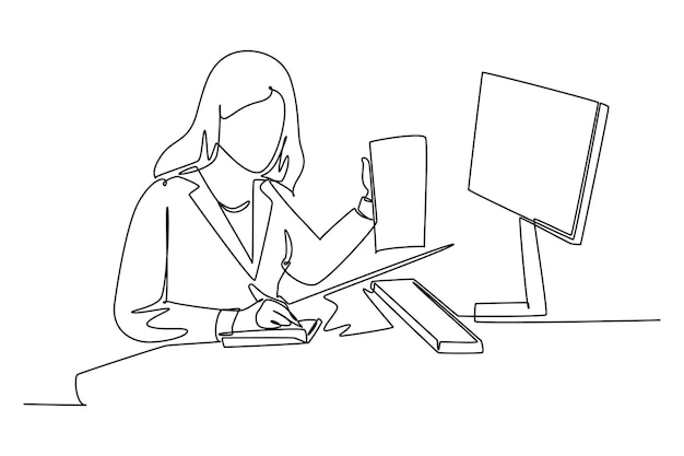 single continuous line drawing of young woman employee asking her friends using cellphone about company financial report at the office annual report one line draw graphic design vector illustration