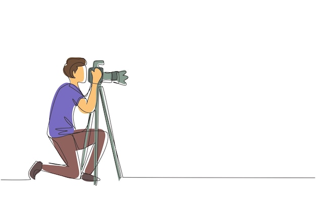 single continuous line drawing professional photographer man kneeling for taking pictures vector