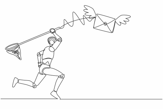 Single continuous line drawing robot try to catching flying mail with butterfly net vector