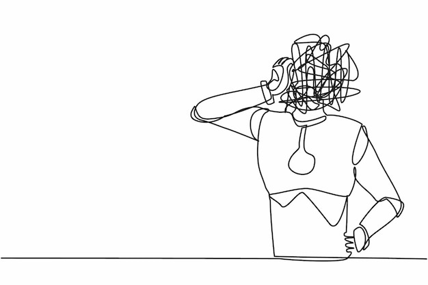 Single continuous line drawing robot with round scribbles instead of a head Doubting robot vector