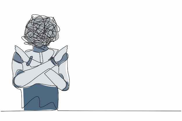 Single continuous line drawing robot with round scribbles instead of ahead crossing hands vector