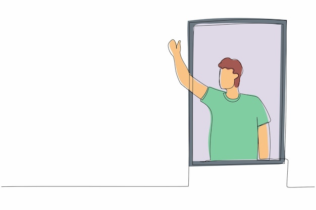 Single continuous line drawing young male waving at window as look like to greet or invite people