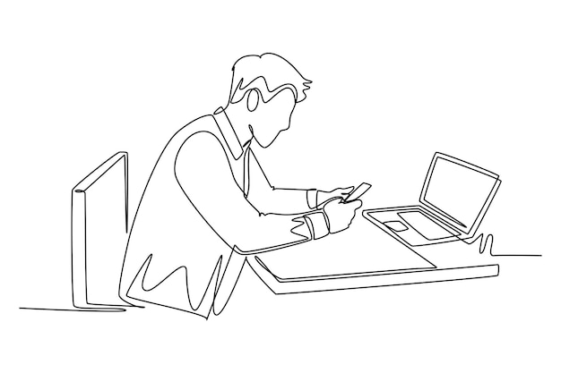 Single continuous line drawing young programmer typing message on smart phone to ask coding language to his friend at the office Programming concept One line draw graphic design vector illustration