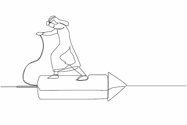 Single one line drawing Arab businessman standing on the firework rocket ignite it to boost vector