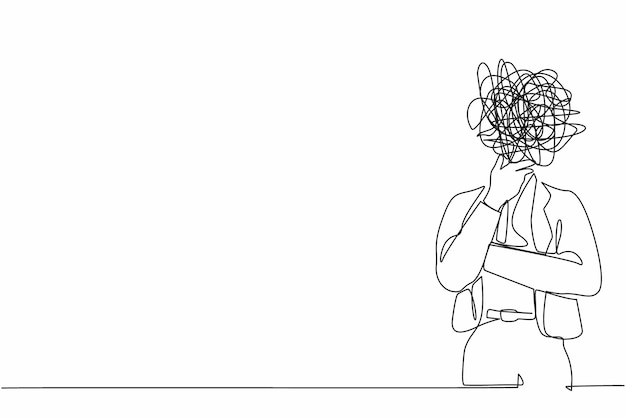 Single one line drawing businesswoman with round scribbles instead head She held her chin thinking