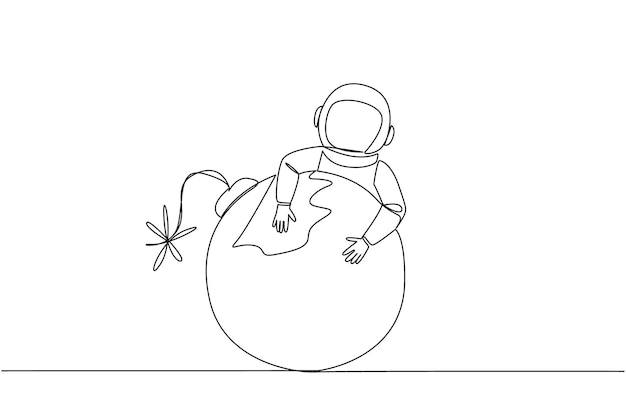 Single one line drawing of energetic astronaut hugging large bomb with a burning fuse illustration
