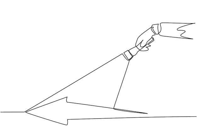 single one line drawing of young smart male employee light the arrow path way using flashlight