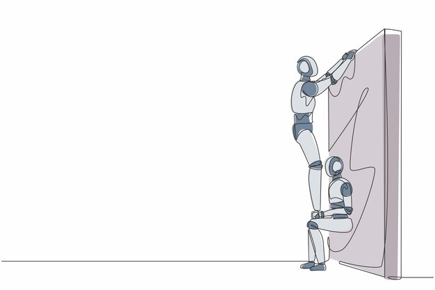 Single one line drawing robot helping to lift another robot over brick the wall design illustration