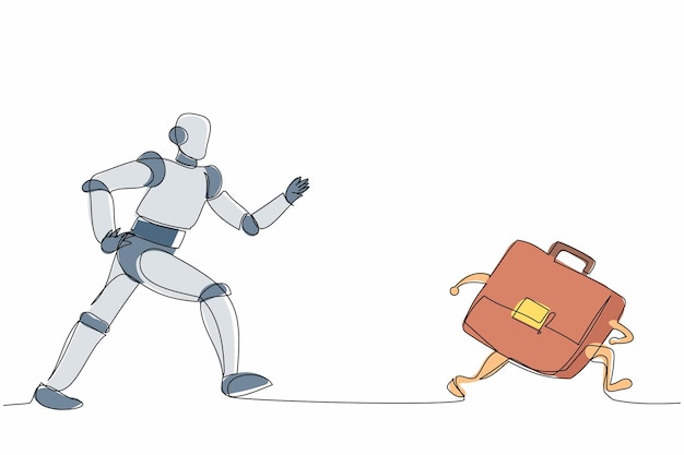 Single one line drawing robot running chasing briefcase Leather factory industry Future technology