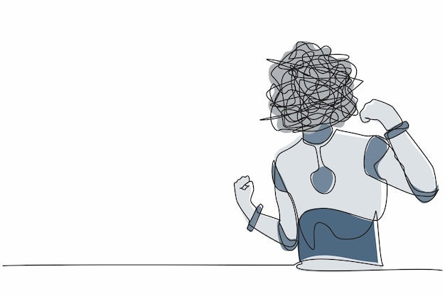 Single one line drawing robot with round scribbles instead of head gesture with clenched fist