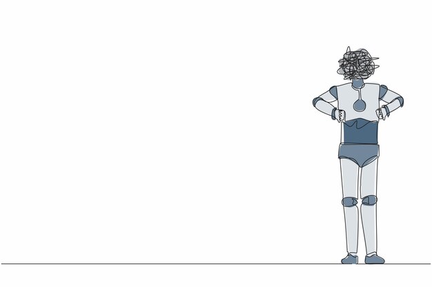 Single one line drawing robot with round scribbles instead of head showing thumbs down sign gesture