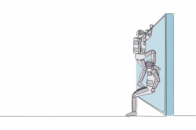 Single one line drawing young astronaut helping another spaceman climb the wall in moon surface
