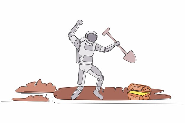 Single one line drawing young astronaut standing and holding a shovel on dug ground design vector
