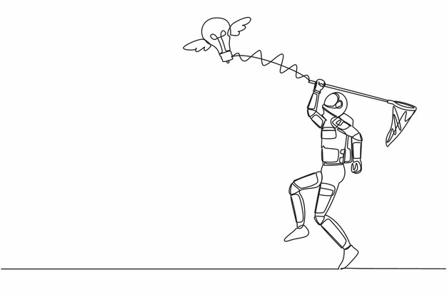 Single one line drawing young astronaut try to catch a flying light bulb Creative idea expedition