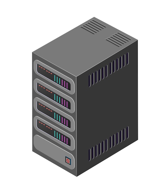 Single server network technology of connection data center computing cloud. Tech isometric 3d illustration database computer data center.