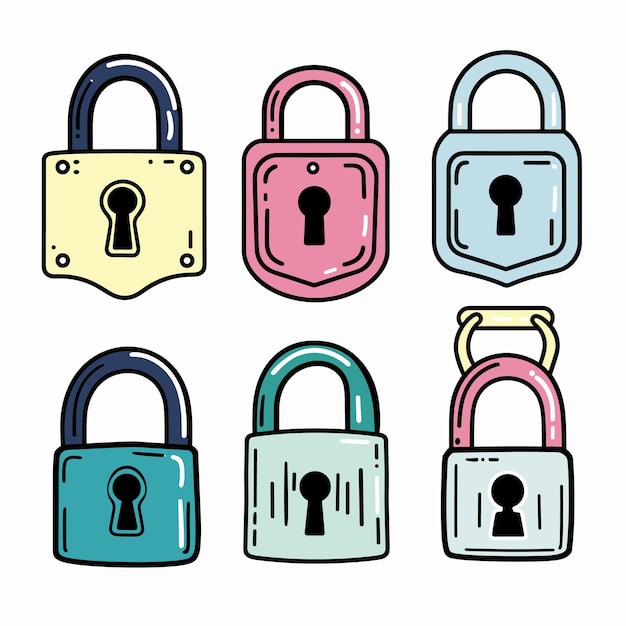Six colorful padlock illustrations cartoon style security locks Handdrawn pastel security