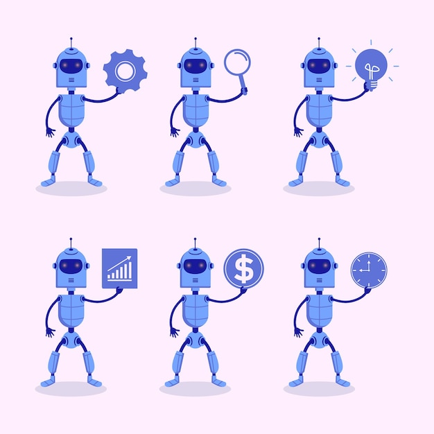 Six cute robot holding business set element
