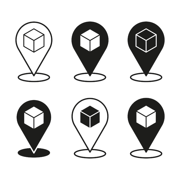 six location pin icons with cubes ideal for logistics package tracking or delivery services