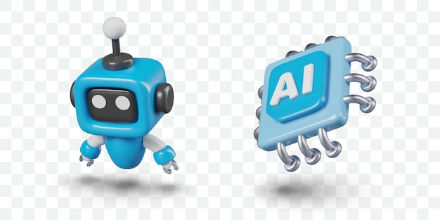 Small blue robot processor with AI sign Set of isolated illustrations in cartoon style