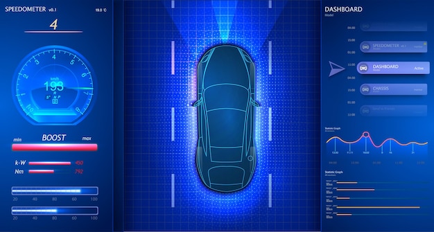 Smart car dashboard Modern Speedometer Interface Car goes on the road Scans the road observe the distance Futuristic user interface auto HUD UI GUI Abstract virtual graphic touch user interface