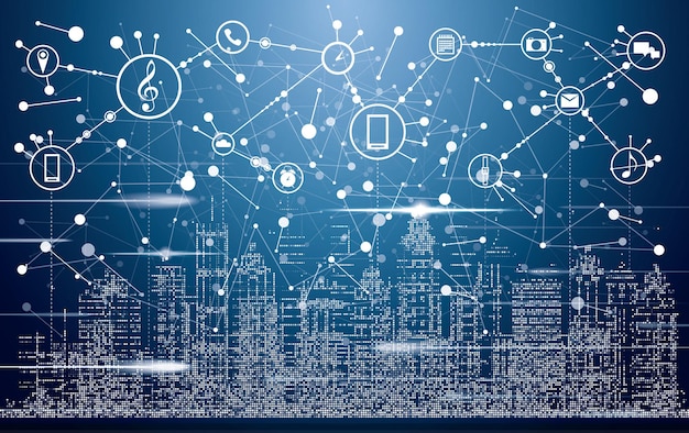Smart City with Neon Buildings, Networks and Internet of Things Icons. Vector Illustration.