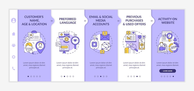 Smart content analytics components onboarding vector template. Responsive mobile website with icons. Web page walkthrough 5 step screens. Digital marketing color concept with linear illustrations
