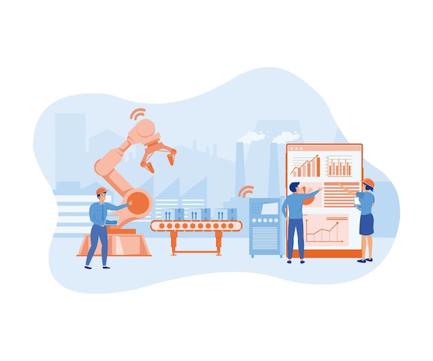 Smart Factory and working person using wireless technology to control For workflow With clever device flat vector modern illustration