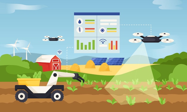 smart farming technology with drones and robots on modern field landscape vector illustration