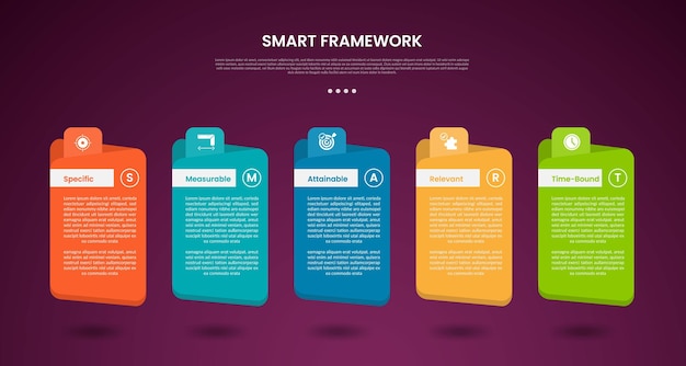 SMART framework infographic template with big folder and round header box dark background style with 5 point for slide presentation