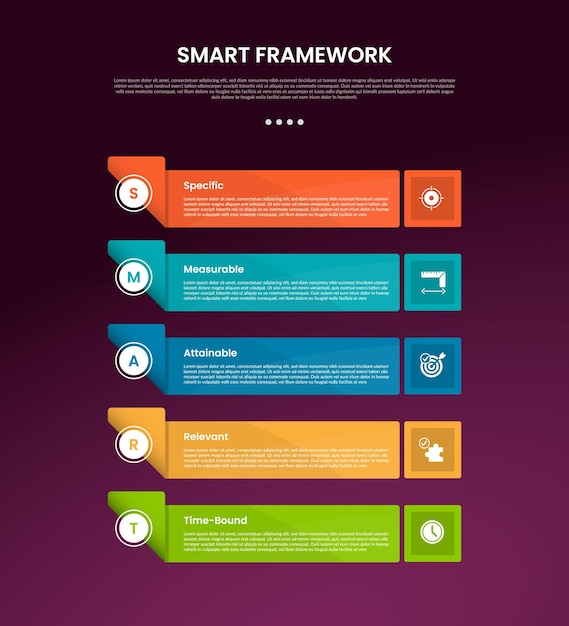 SMART framework infographic template with rectangle shape stack on vertical direction dark background style with 5 point for slide presentation