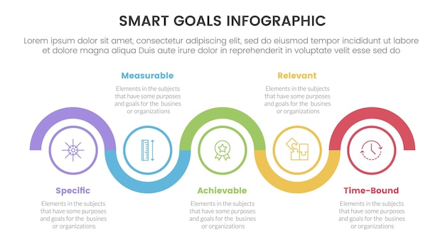 SMART goals setting framework infographic with timeline circle up and down horizontal with 5 step points for slide presentation