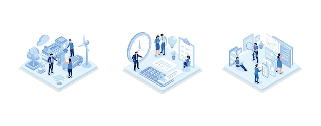 smart grid technology with renewable energy, time management concept, seo concept, isometric vector